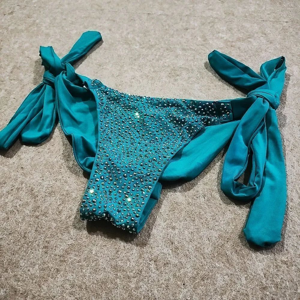 Luxury Rhinestone Teal Scrunch Butt Side Tie Bikini Bottom #8